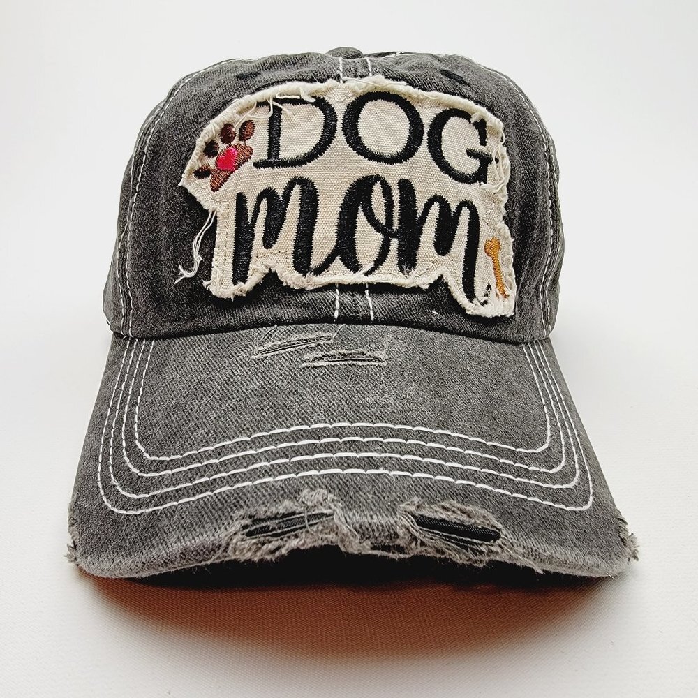 Dog Mom Distressed Relaxed Buckle Strap Full Cover Baseball Hat Cap Washed Black